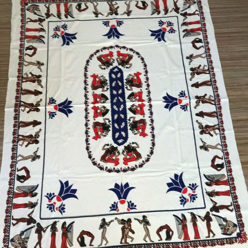 Vtg Egyptian Hieroglyph Egypt Theme Rectangular 58x70" Tablecloth Cleopatra - Picture 1 of 6